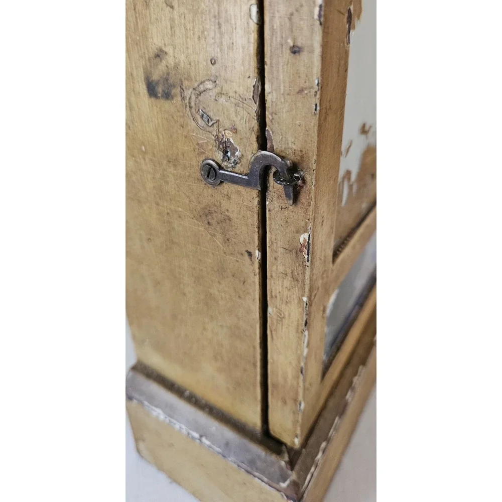 Primitive Wood Wall Cabinet Old Mustard Yellow Glass Panels